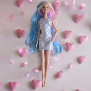 BARBIE - FANTASY HAIR  Blue, Pink, Tinsel Very Long Hair Silver Dress 2015